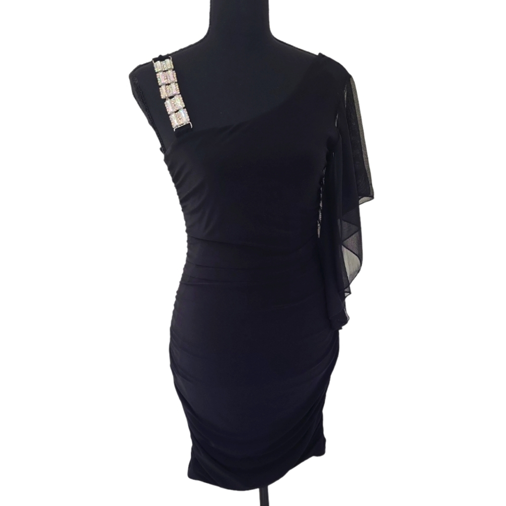 EUC Deb women's cute asymmetrical rhinestone beaded metallic bodycon mini dress